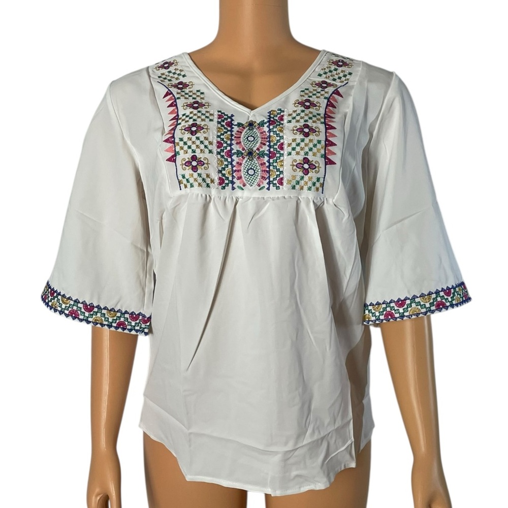 Boho Floral Embroidered Blouse for Women, Elbow-Length Sleeves, White